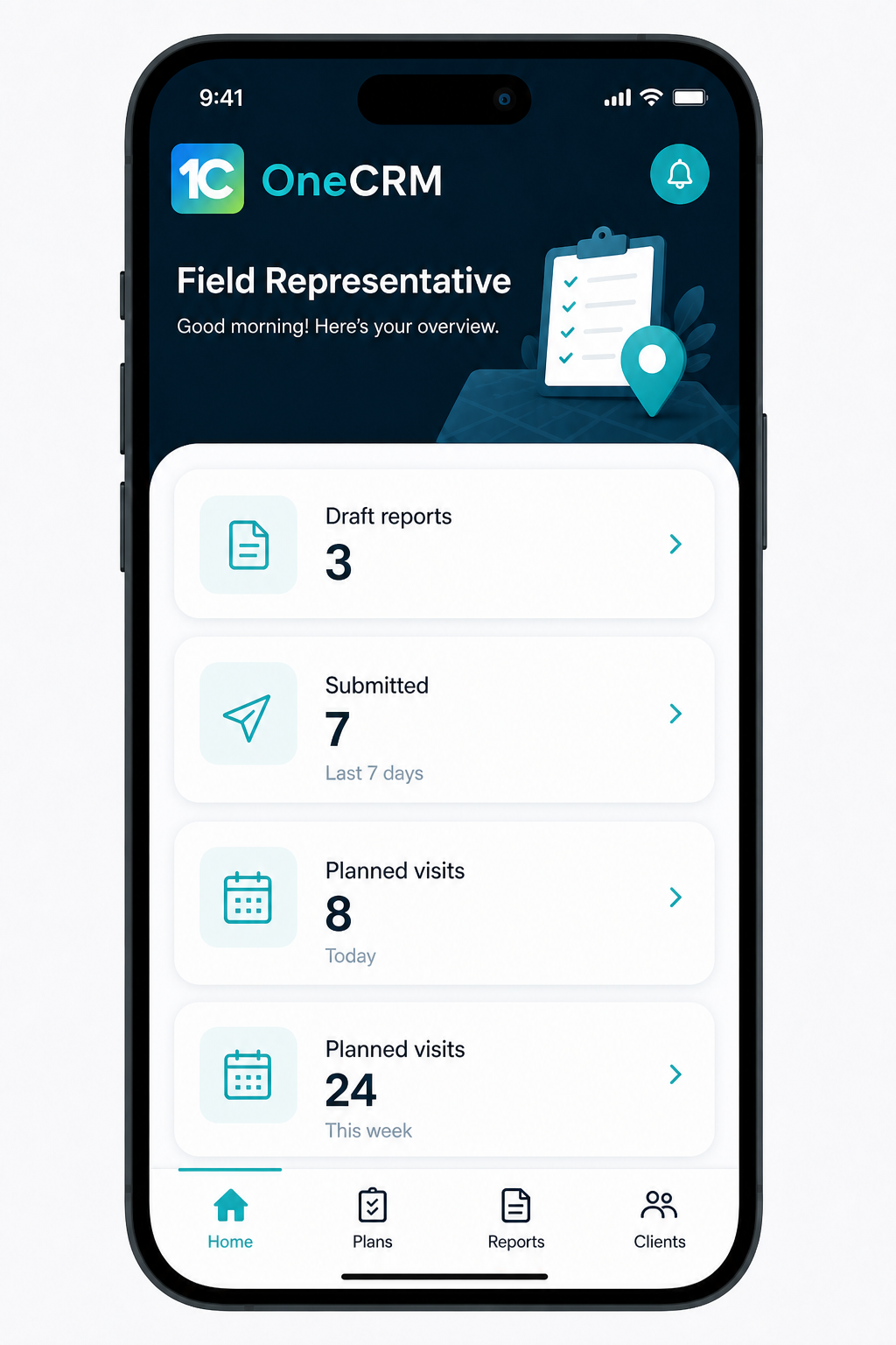 الصفحة الرئيسية لتطبيق OneCRM